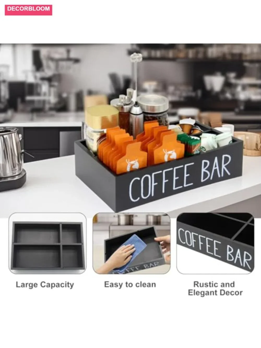 Countertop Coffee Bar Organizer Wood Storage with Removable Dividers